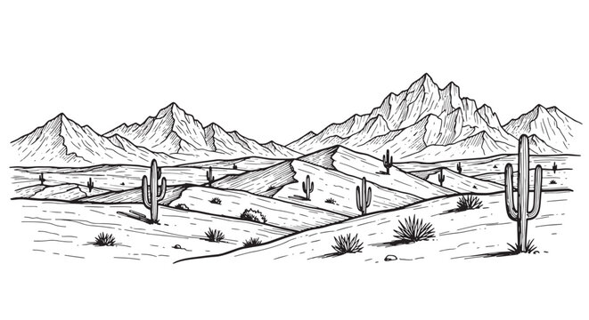 Desert sand dunes and mountain range with saguaro cactus sketch. Vintage hand drawn western wilderness illustration.