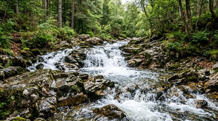 Fototapeta premium Cascading Waterfall Through a Lush Green Forest Landscape.