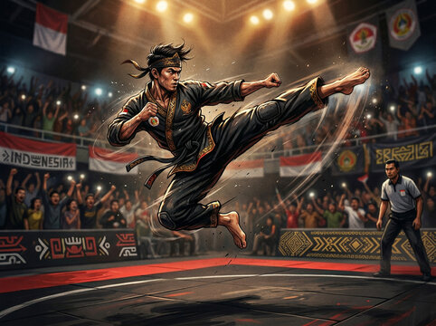 Martial arts athlete performing a dynamic flying kick in a packed stadium with spectators watching the intense competition unfold during a championship event