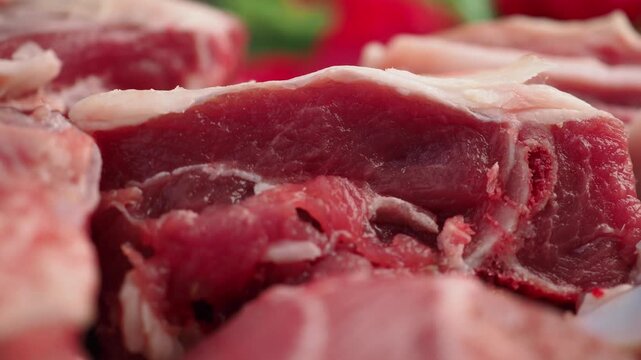 Close up video of fresh raw meat with bone dynamic footage.