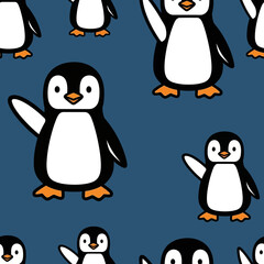 Naklejka premium Cute Waving Penguin Characters Seamless Pattern.
