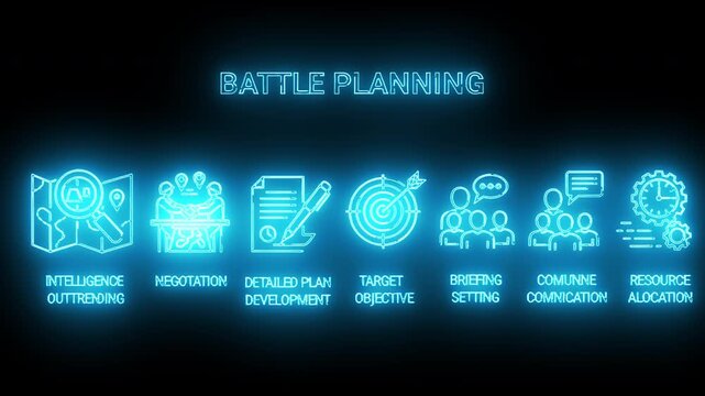 Glowing blue icons and text for battle planning on a black background with a futuristic mood.