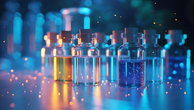 Futuristic chemical laboratory bottles with glowing neon lights research medical science background apothecary glass vials
