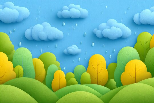 Rainy Day Landscape with Green Hills and Trees.