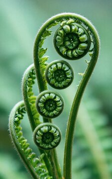 Fern fronds unfurling in spiral growth nature's intricate green