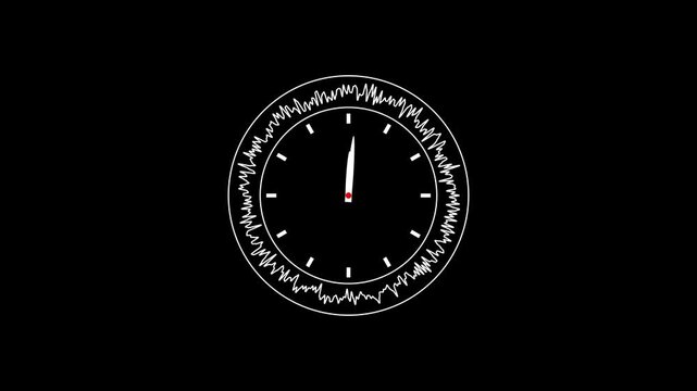 A minimalist clock face with a white outline and a black background a white analog clock with thin black hour markers and a red second hand pointing to approximately 10:05, surrounded by a jagged