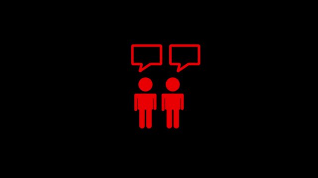 Two red stick figures in profile with empty red speech bubbles above their heads representing communication dialogue and discussion in a clear iconographic style against a black background
