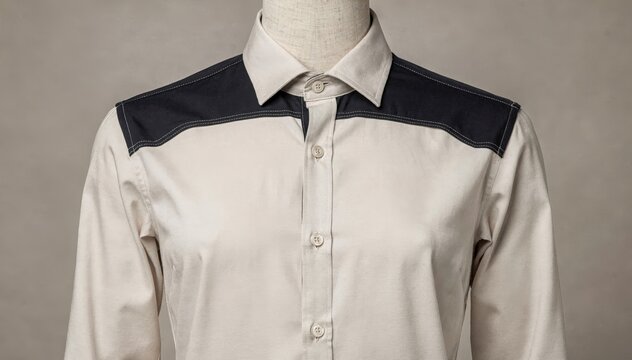 Medium shot capturing a yoke panel shirt with bold contrasting upper shoulder panels highlighting craftsmanship and contemporary fashion details.