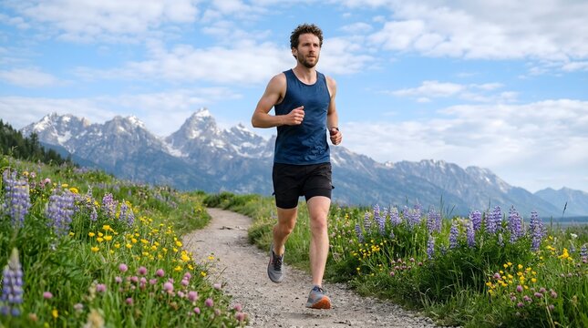 Man trail running in mountains with wildflowers and scenic views.
