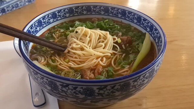 A close up of a big bowl of Lanzhou beef noodles, with hand pulled noodles, beef brisket, pak choy, topped with chopped spring onions and coriander.