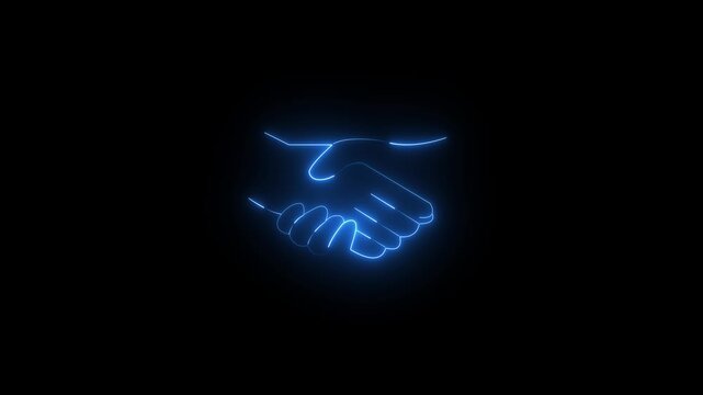 A neon sign of two hands shaking. The sign is blue . of the sign is that it represents a handshake, which is a symbol of agreement or partnership 4k video...