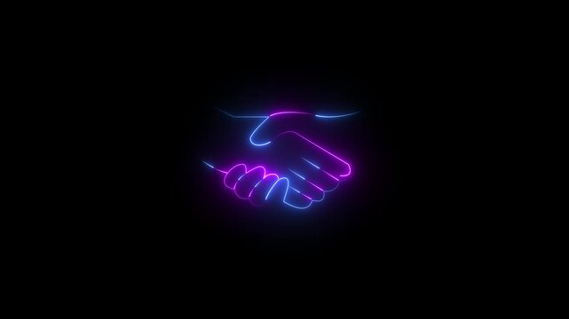 A neon sign of two hands shaking. The sign is blue . of the sign is that it represents a handshake, which is a symbol of agreement or partnership 4k video...