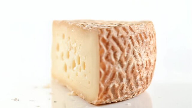 Closeup of a delicious cheese wedge with holes on a white background.