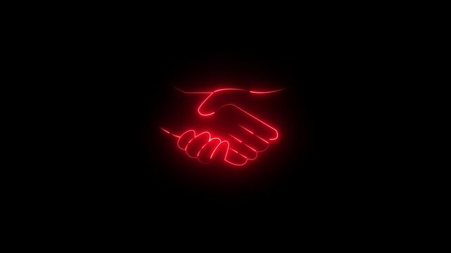 A neon sign of two hands shaking. The sign is red . of the sign is that it represents a handshake, which is a symbol of agreement or partnership 4k video...