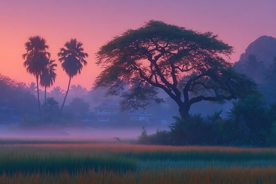 Serene Landscape with Trees at Sunset.
