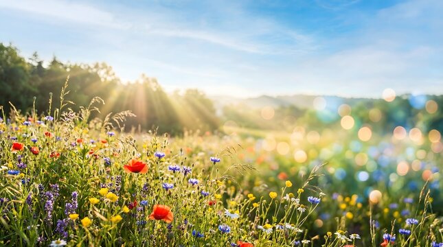 Vibrant wildflower meadow bathed in golden sunlight under a clear blue sky.