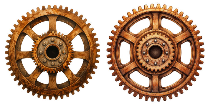 A charming watercolor collection of vintage mechanical gears featuring rustic bronze cogwheels and industrial steampunk machine parts illustrated in a detailed engineering style.