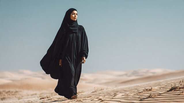 A Muslim woman in a black abaya walks through sand dunes in a desert landscape under a clear blue sky