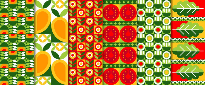 Modern geometric vegetables seamless patterns. Vector repeating tiled layout with tomato slices, leaves shapes. Decorative background with bold color blocks, abstract plant motifs, retro food ornament
