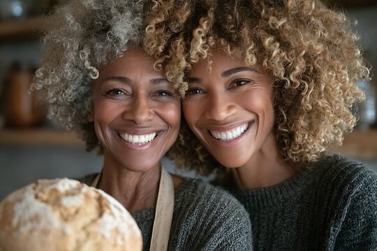 Two Women with Curly Hair Smiling Together.