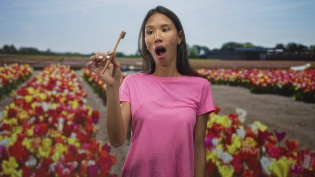 Woman holding wooden toothbrush to mouth with mouth open in a studio tulip field backdrop; oral care calm.