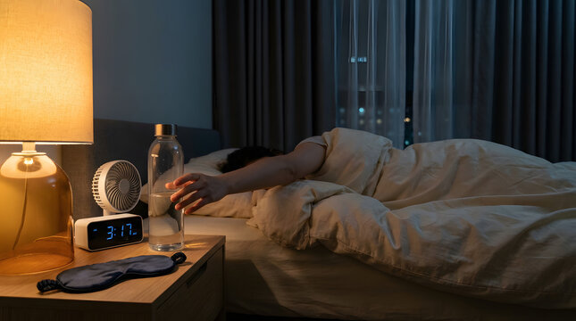 woman reaching for water bottle on nightstand while sleeping in bed at night with digital clock lamp and sleep mask for healthy hydration and restful sleep routine concept