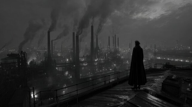 A dark, atmospheric industrial landscape at twilight with crumbling factories and towering smokestacks, wind-swept iron filings glinting like stars against gritty concrete, a fallen angel in tattered