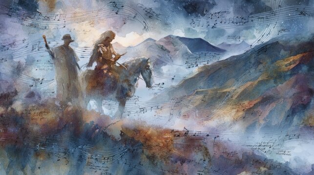 A surreal Romantic-era dreamscape where a gallant knight on horseback encounters a ghostly pilgrim shadow beneath a watercolor sky washed with twilight hues. The ethereal pilgrim gestures toward a hi