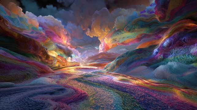 An abstract, psychedelic landscape where the ceiling appears to come alive with vibrant, swirling colors, reminiscent of a Rorschach inkblot. Shadows stretch and bend whimsically, as soft luminescent