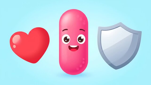 Vibrant vector illustration showcasing essential elements for well-being a cheerful medication symbol, a nurturing heart, and a strong protective shield for health and safety