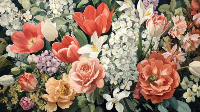 An acrylic painting of a greenhouse bouquet subset where Tulips and Roses are the main subjects. Repeated tulips and bold rose blooms in salmon, coral/pink, and peach tones. A trellis adorned with wh