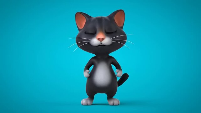 Cute 3D rendered cartoon cat with a grumpy or annoyed expression, standing against a vibrant solid blue background, showcasing a playful yet petulant feline character animation still