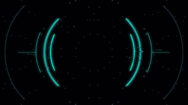 Futuristic semi circular HUD interface with glowing blue arcs and copy space center, sci fi technology background, digital scanning system, minimal cyber UI design