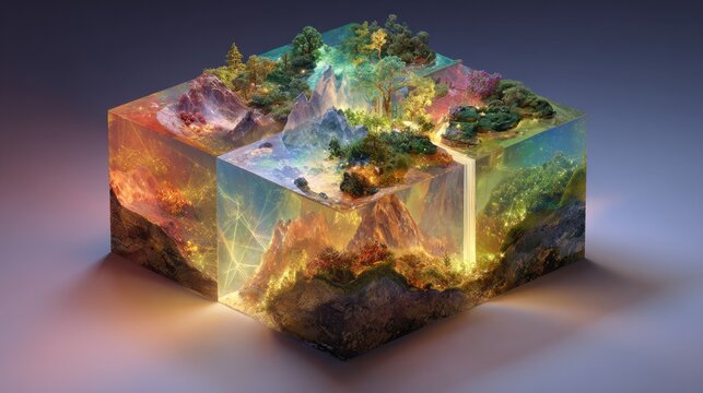 An isometric, colossal diorama suspended over a velvet void, transparent prisms bending sunlight into a radiant spectrum; a tranquil, layered scene unfolds across floating planes with soft textures,