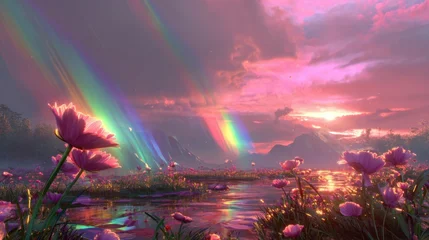 Poster Reflectie Cinematic advertising-style dreamlike landscape with neon tempest energy, a central luminous flower bloom bathed in prismatic spectrum that fans into rainbow beams across lush fields, reflected on a  © Jesse