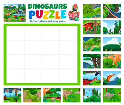 Animals jigsaw puzzle with prehistoric dinosaurs, kids logic game. Kids jigsaw puzzle vector worksheet with Shunosaurus, Apatosaurus, Carnotaurus and Kentrosaurus dinosaur animals jungle landscape