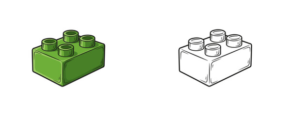 Building brick in flat color and line art style in green and black colors showing isometric view and used for game design, education, or decoration, isolated on a white background © Dzianis