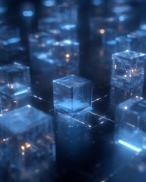 financial cybersecurity network, encrypted blue digital blocks on glowing grid, AI fraud detection system, secure transaction monitoring, futuristic banking defense concept,