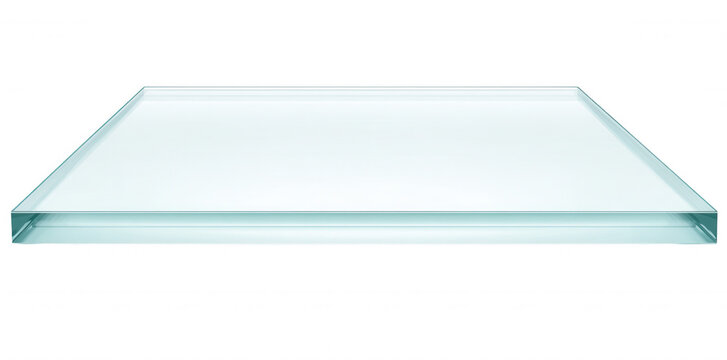 &Eacute;tag&egrave;re en verre rectangulaire transparente avec des bords polis, vue en perspective sur fond blanc pour une pr&eacute;sentation de produit &eacute;pur&eacute;e.