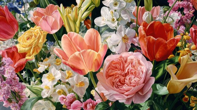 Ultra-detailed studio still-life of a lush bouquet featuring layered tulips and prominent roses in salmon, coral, pink, and peach, set against white dogwood blossoms with accents of iris, hyacinths,