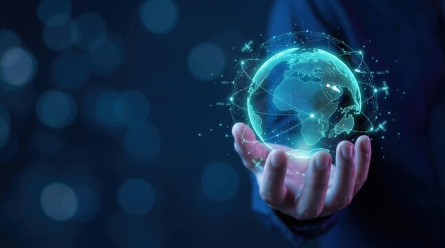 Global connectivity concept with digital earth globe, hand holding network nodes. Telecommunications, satellite technology and international business communication for worldwide networking.