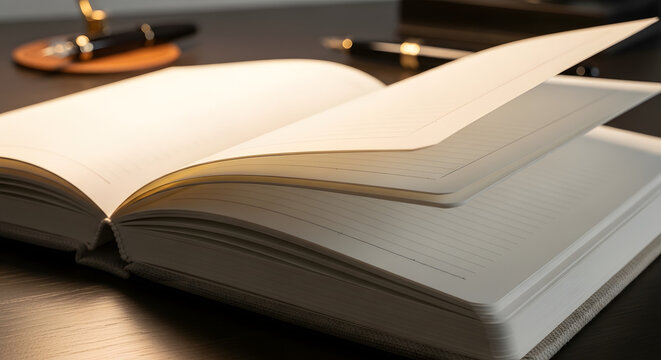 An open book lying on a desk with a pen and paper nearby for writing