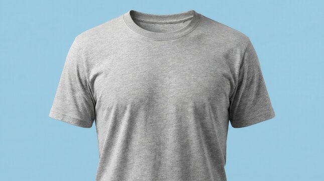 Heather grey crew neck t-shirt mockup on light blue background with ghost mannequin effect. Blank cotton jersey top for apparel branding, merchandise design and ecommerce retail display.