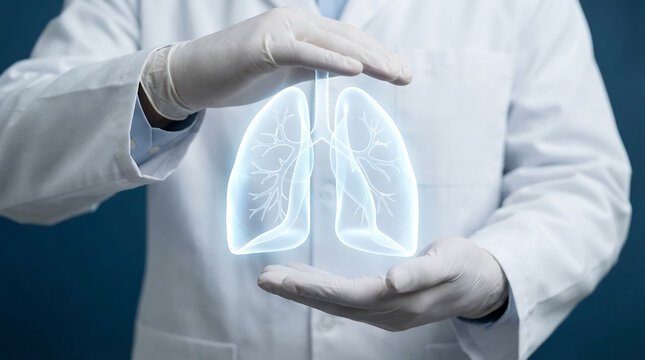 Medical professional in protective gloves cradling a glowing, futuristic 3D digital representation of healthy human lungs, symbolizing advanced healthcare and respiratory system protection