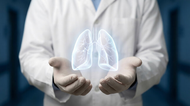 Doctor presenting a glowing holographic display of human lungs, symbolizing healthcare and medical research advancements
