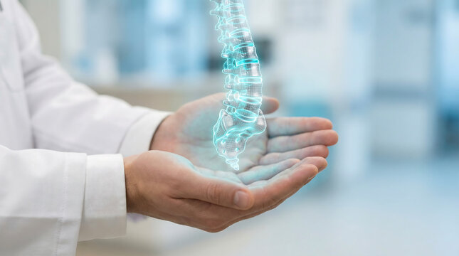 Innovative Medical Technology Showcasing A Lumbar Spine Model In Healthcare Professionals Hands