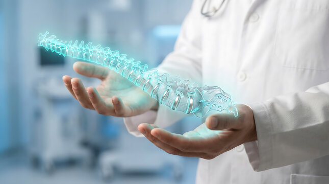 A Doctor's Hands Holding a Holographic 3D Model of a Human Spine with Medical Equipment in the Background