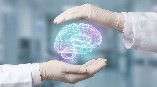 Caring hands of medical experts safeguarding a glowing digital human brain, symbolizing advanced neuroscience research and dedicated healthcare