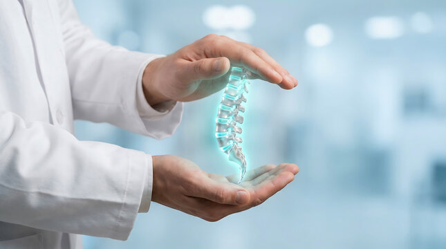 Medical professional holding a glowing holographic model of a human spine in their hands
