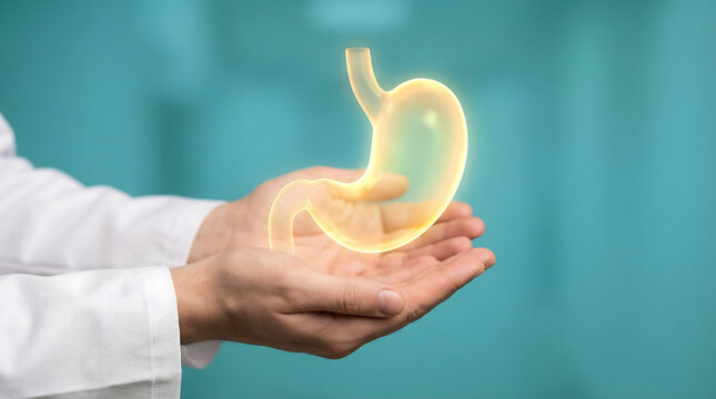 Anatomical illustration of the human stomach held gently in two hands, symbolizing health and medical care
